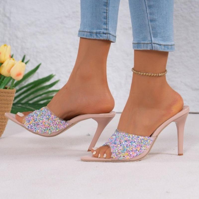 Fashion Temperament Slippers Women Summer New Pointed Toe Open Toe Rhinestone Outside Wear Slip Anti-Slip Wear-Resistant Stiletto