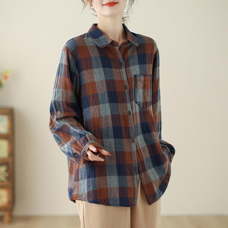 

Рубашка в клетку в винтажном стиле, женская повседневная с длинным рукавом, осенняя блузка для женщин, повседневная верхняя одежда, топы XL коричневый