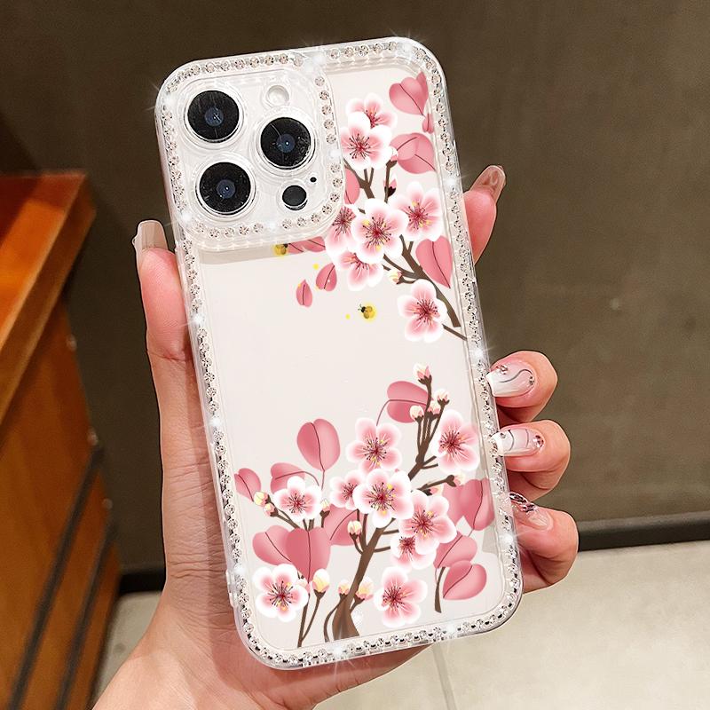 Sakura Floral Print Diamond Frame Clear Case For iPhone 16E 16 15 Pro Max 14 Pro 13 12 11 Anti-Fall Soft Silicone Shockproof Phone Cover