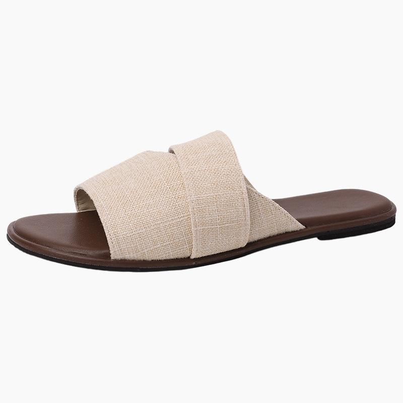 Stylish, simple and versatile linen square-headed open-toed flat-bottomed slippers for women's 2025 summer outdoor wear home beach cool slippers