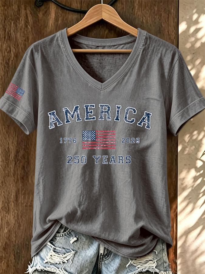 ilstile Women's America 250 Years Print T-Shirts Summer Short Sleeve Casual Loose T Shirt V Neck Tops White Tees Hot Sale