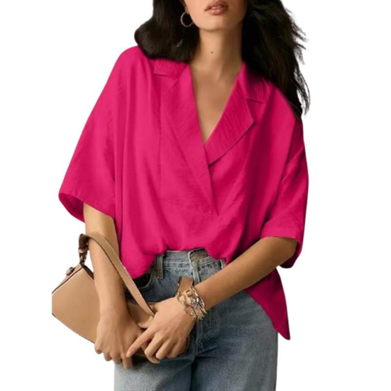 

Летняя элегантная женская блузка Новая с V-образным вырезом, коротким рукавом, однотонная, свободная рубашка, повседневные белые топы, блузки для офисной леди, блузы 2XL розы красного