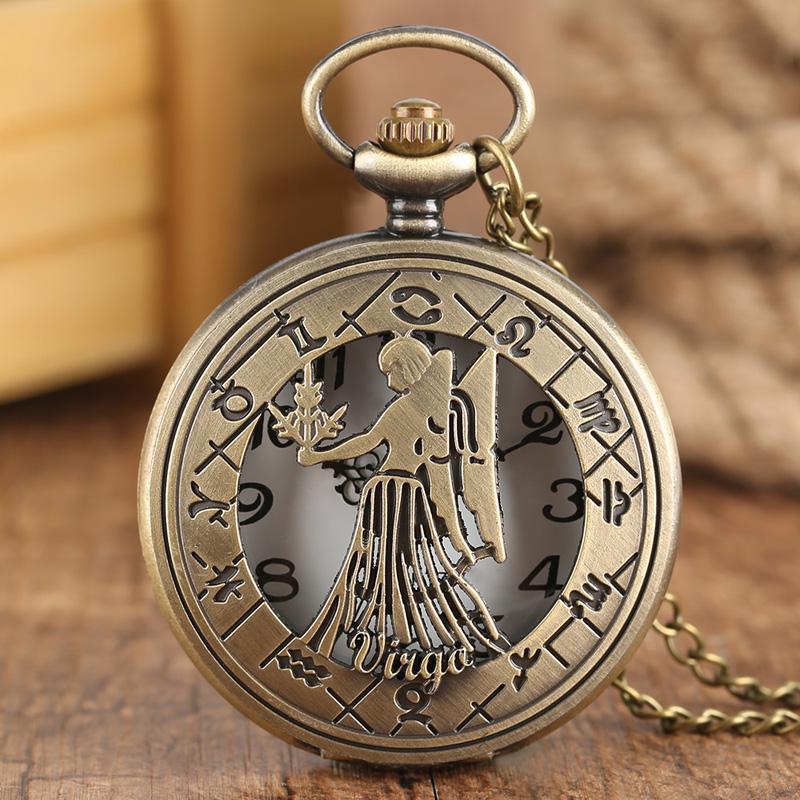 12 Constellation Astrology Zodiac Retro Pocket Watch Bronze Necklace Pendant Mens Women Hollow Flip Cover Quartz Christmas Gifts