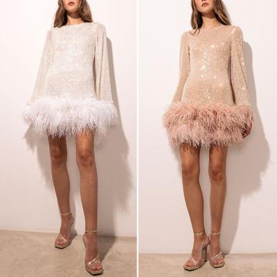 Women Evening Dress Slim Waist Sequin Feather Hem Backless Long Sleeves O