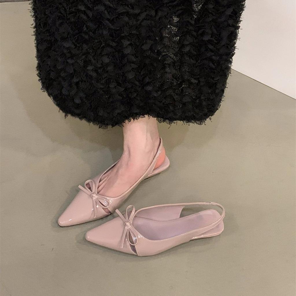 Thick heel nude bow bag head sandals fairy shoes with skirt pointed single shoes