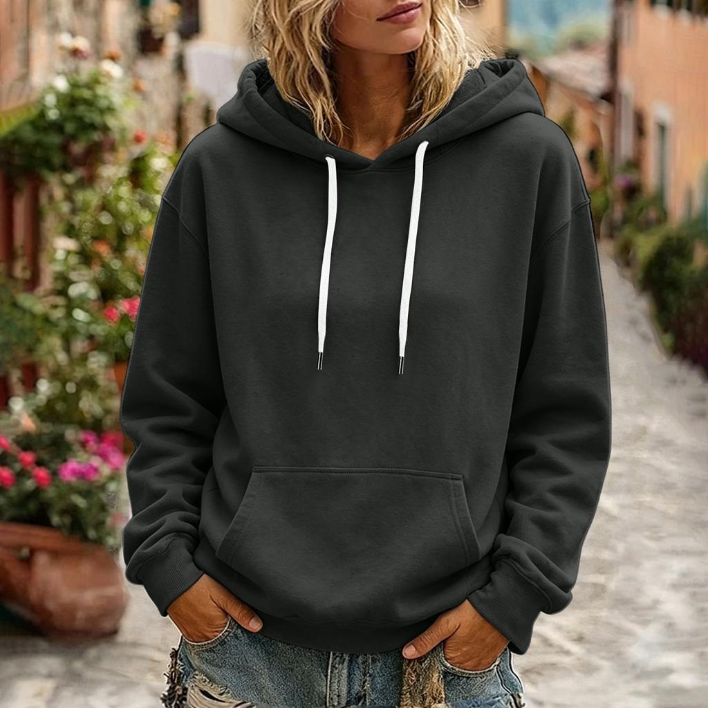 Women's Color Long Sleeve Hoodie with Drawstring Hood and Pocket Casual Pullover