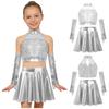 Set Costume da Danza Jazz per Bambini Scintillante Paillettes Crop Top Schiena con Foro Senza Maniche Taglie Forti Gonna a Zampa Metallizzata e Guanti con Frange di Paillettes Gara