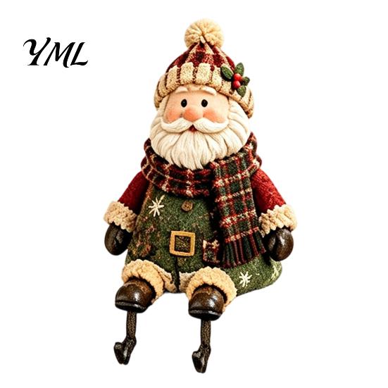 Hand Painted Home Decor Christmas Stocking Holder, Mantel Resin Sitting Leg Hook, Plush Scarf Santa Festive Character Ornament for Holiday Fireplace
