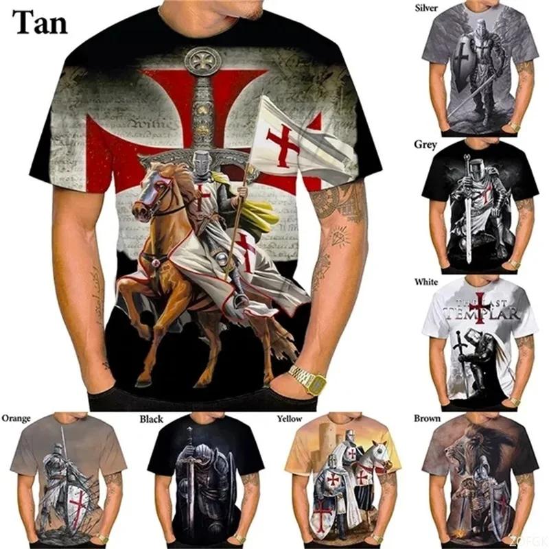 Summer 3D Printed Templar Pattern T-shirt Cross Pattern Printed Personalized Street Short Sleeve Top Men's Casual Fashion Round Neck Clothing