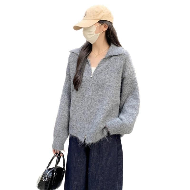 Lapel Zipper Sweater Women's Clothing Autumn and Winter New Lazy Wind Loose Soft Waxy Plush Knitted Cardigan Jacket