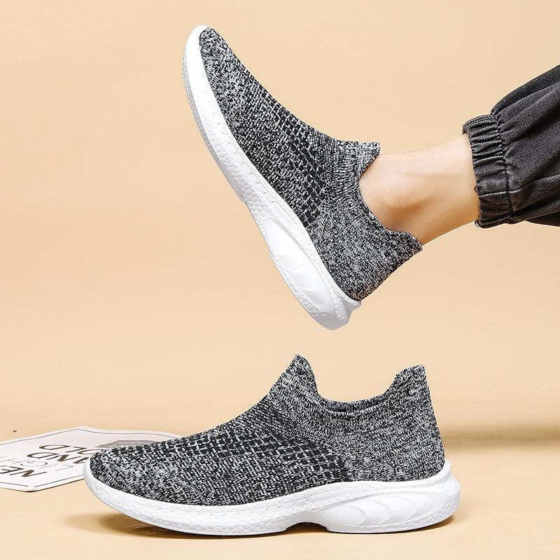 Large Size Fly-woven Lightweight Men's Shoes One-pedal Sports Shoes Casual Large Size Knitted Socks Shoes Soft Sole Dad Black Shoes