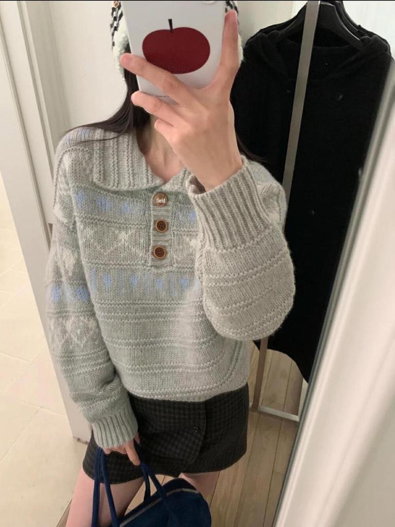 Women's Cozy Jacquard Knit Lapel Sweater - Soft, Casual Academic Style for Autumn and Winter
