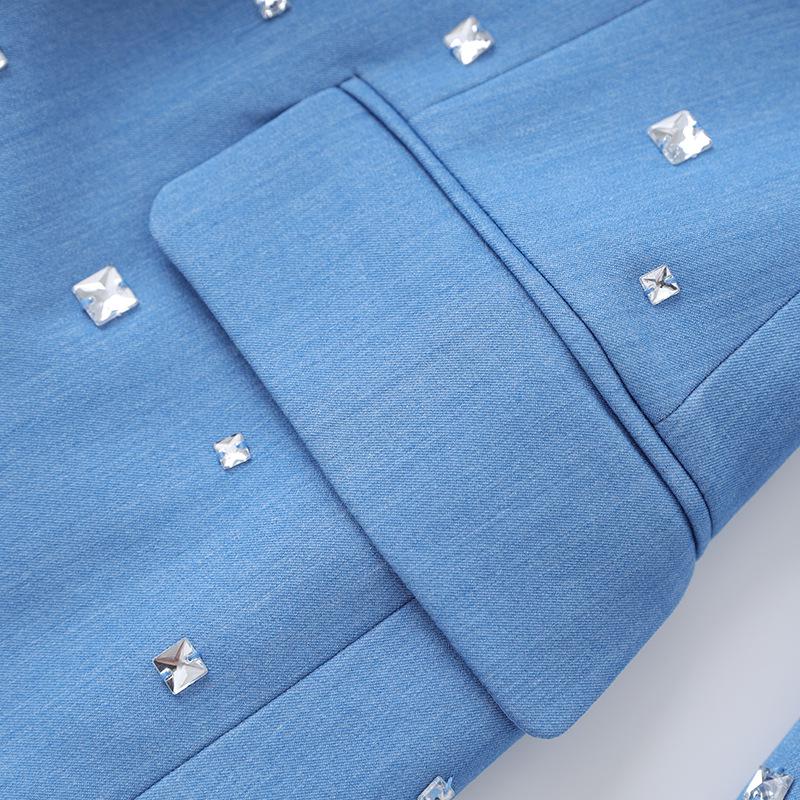 European & American Style V-Neck Blue Suit: Slimming, Flattering, Luxurious Nail Drill Jacket for Stage Performance & Parties