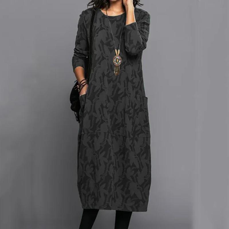 

Женское весенне-осеннее платье миди с круглым вырезом и длинными рукавами, карманами, дизайнерским принтом, свободное элегантное платье, уличная одежда 3XL чёрный