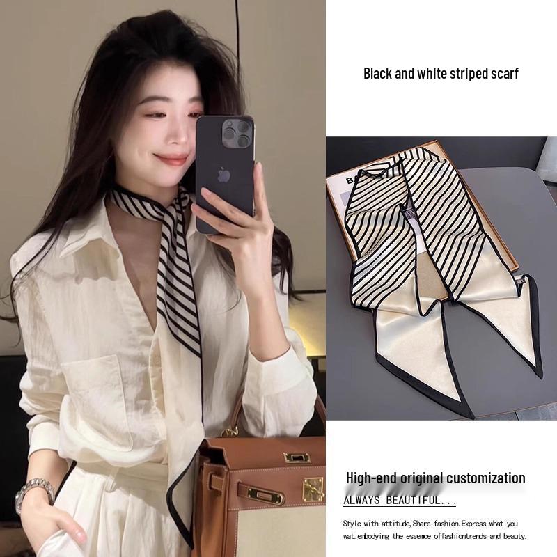 

2025 Women s High-End Temperamental Striped Silk Neck Scarf – Stylish Long Neckband to Pair with Shirts