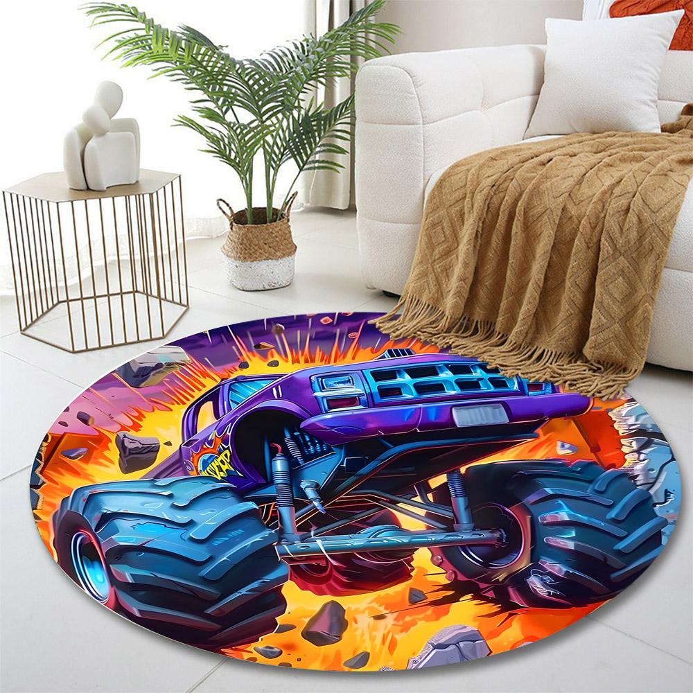 """Lila Monster-Truck-Explosionsszene" Druck runder Teppich, Wohnzimmer, Schlafzimmer, Spielzimmer Teppich, rutschfeste Bodenmatte, Geschenk"""