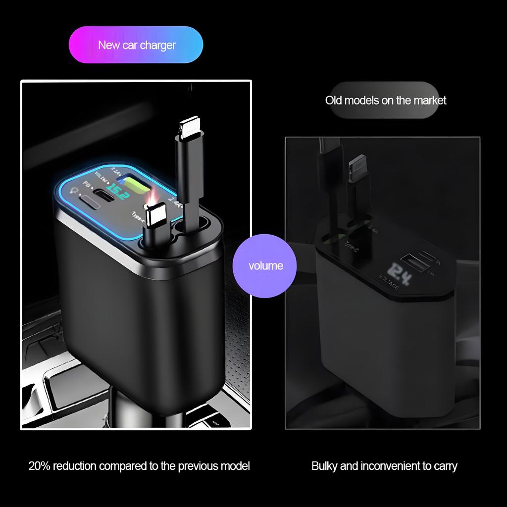 4 In 1 120W Retractable Car Charger Starlight In Car Roof,with ambient light and Star Night Light Type C Fast Charging Adapter,Dual Cable Car Charger