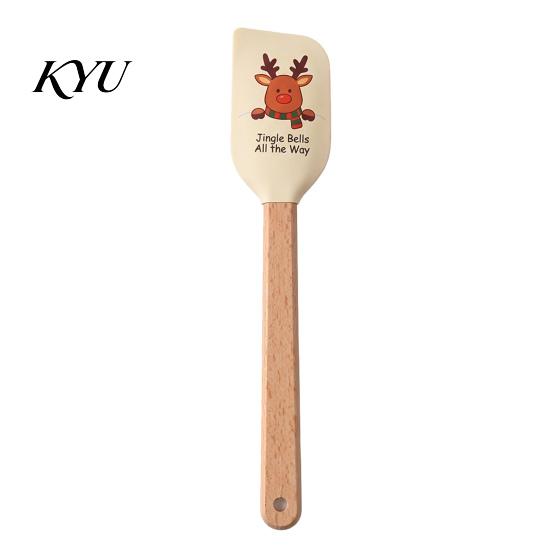 Cookie Dough Mixing Tool Silicone Spatula with Wooden Handle, Christmas Tree/Snowman/Santa Claus/Elk Pattern Themed Kitchenware Decor, Heat Resistant