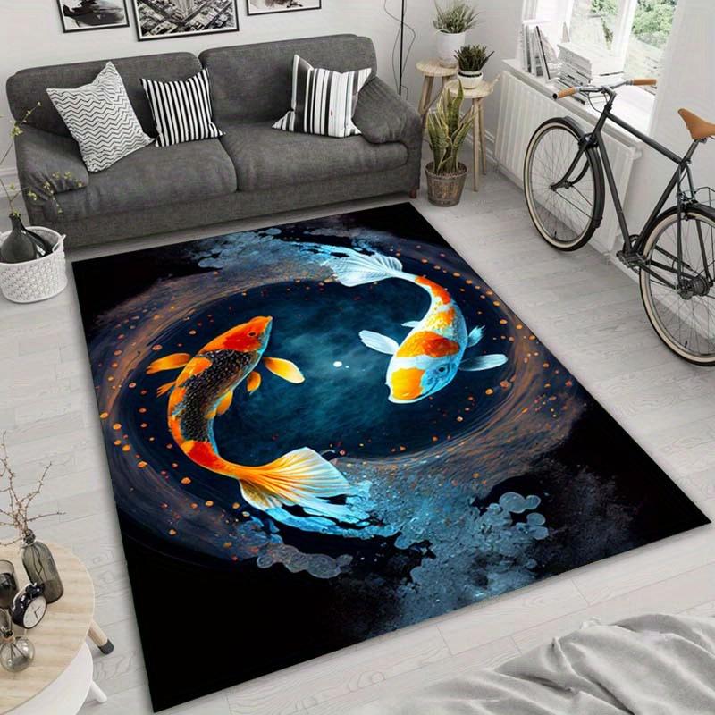 Koi Fish Design Non-Slip Polyester Carpet Chair Mat, 800g/m2 Crystal Velvet, Durable, Machine Washable, Fatigue Resistant Rug