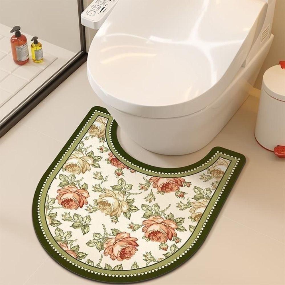 Non Slip U-Shaped Toilet Mat Quick Dry Toilet Pad Retro Floral Bathroom Rug  Bathroom