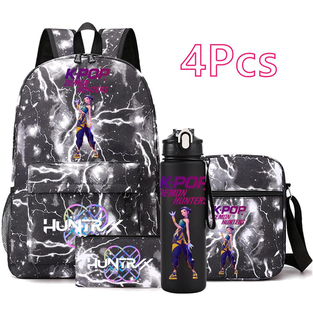 4-teiliges/Set Anime Niedlich K-Pop Bedruckter Rucksack mit 750 ml Wasserflasche für Teenager Schüler Mädchen Junge Schultasche Kindergeschenk Große Kapazität Reisetasche Mochila