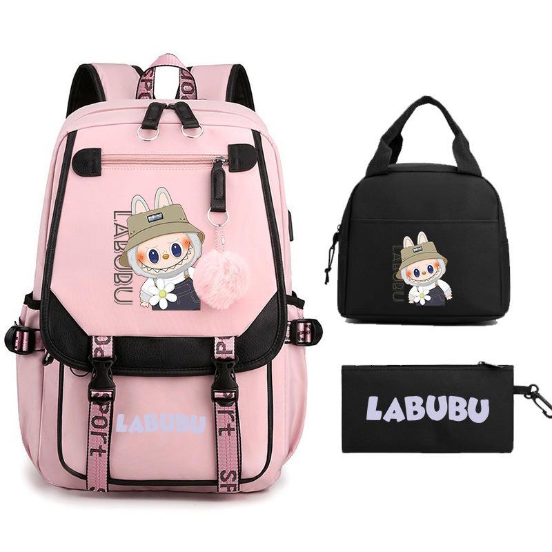 

New Labub children s schoolbag, backpack, shoulder pencil case, three-piece set, cute.