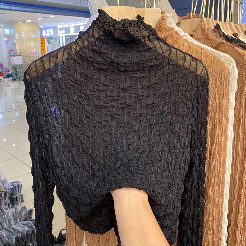 

Рубашка на сетчатой основе с высоким воротом для женщин на весну и осень, прозрачный кружевной топ с длинными рукавами для женщин 2XL