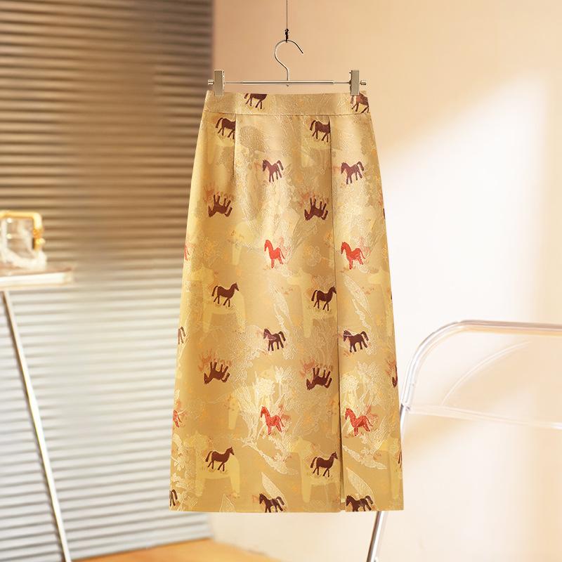 Women's Pink Chinese-Style High Waist Slit Print A-Line Skirt - Spring 2026