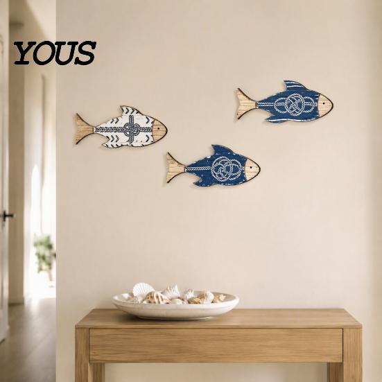 Beach House Wall Ornaments 3Pcs/Set Wooden Fish Decor, Nautical Knot Print Decorations, Coastal Vacation Home Decor Style Art for Bathroom Bedroom