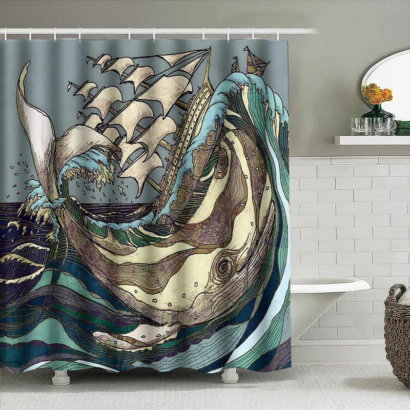 Ocean Wave Whale Pattern Shower Curtain Nautical Sea Life Decor Bathroom Backdrop Vintage Artistic Home Textile