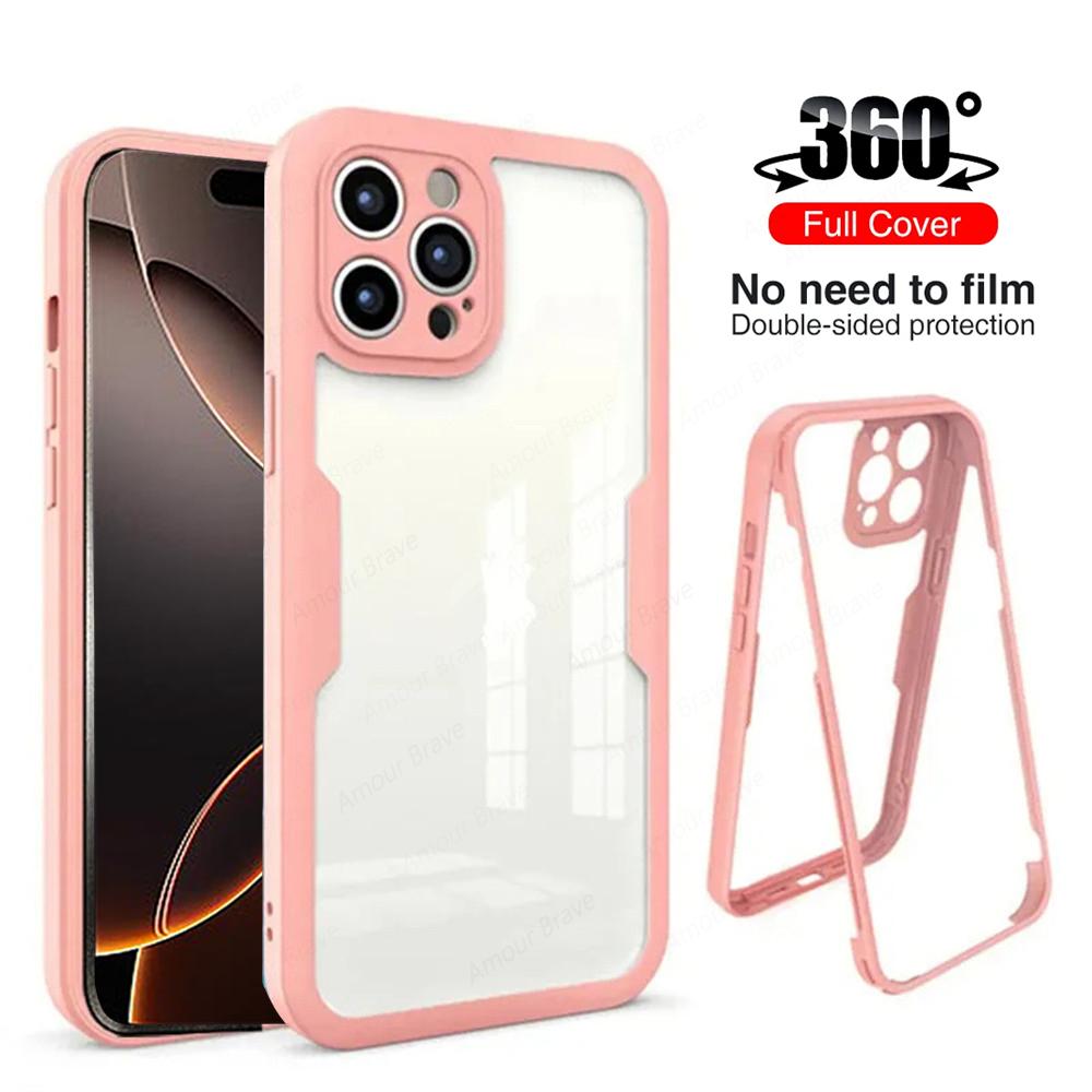 

Чехол для iPhone 16 Pro Max 360 Полная защита корпуса спереди и сзади Чехол для телефона для iPhone 15 14 Plus 13 12 11 Pro Max XR Прозрачная крышка For iPhone 16 ProMax&For iPhone розовый