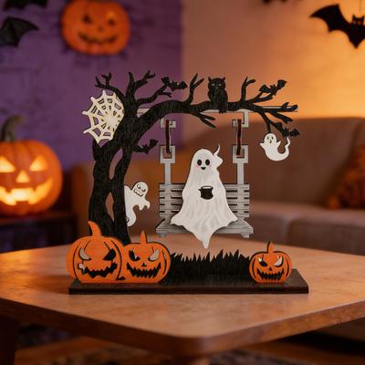 Halloween Wooden Table Decor, 3D Printed Skull Pumpkin Alphabet Letter Decoration, Creative Cartoon Wood Ornament for Party Home