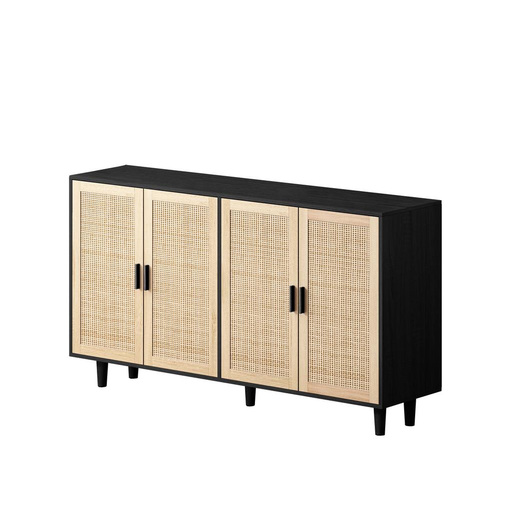 158CM Elegant and Functional 4-Door Rattan Decorative Storage Cabinet,for Bedroom,Living Room,Office,Black