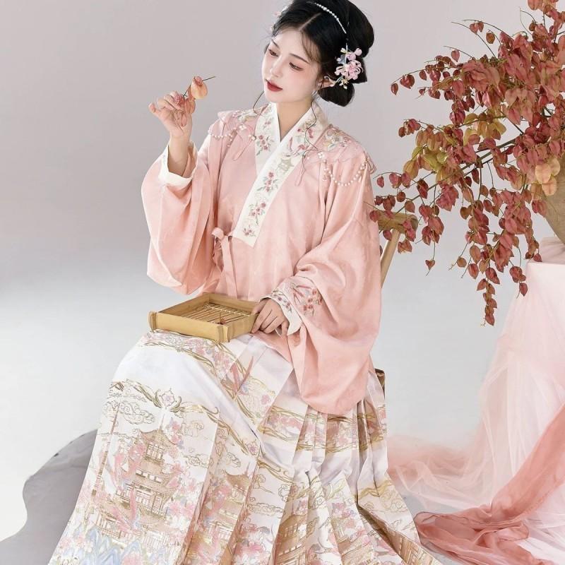 Ming Dynasty Style Hanfu Set With Pipa Sleeves Woven Gold Ma Mian Skirt Floral Brocade Embroidery Women