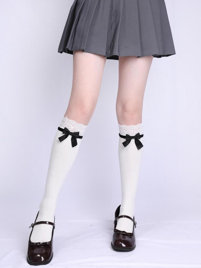 Lolita Lace Frill Mid-Calf Socks with Bow Ribbon - White Ballet Style JK Knee-Highs for Spring & Autumn