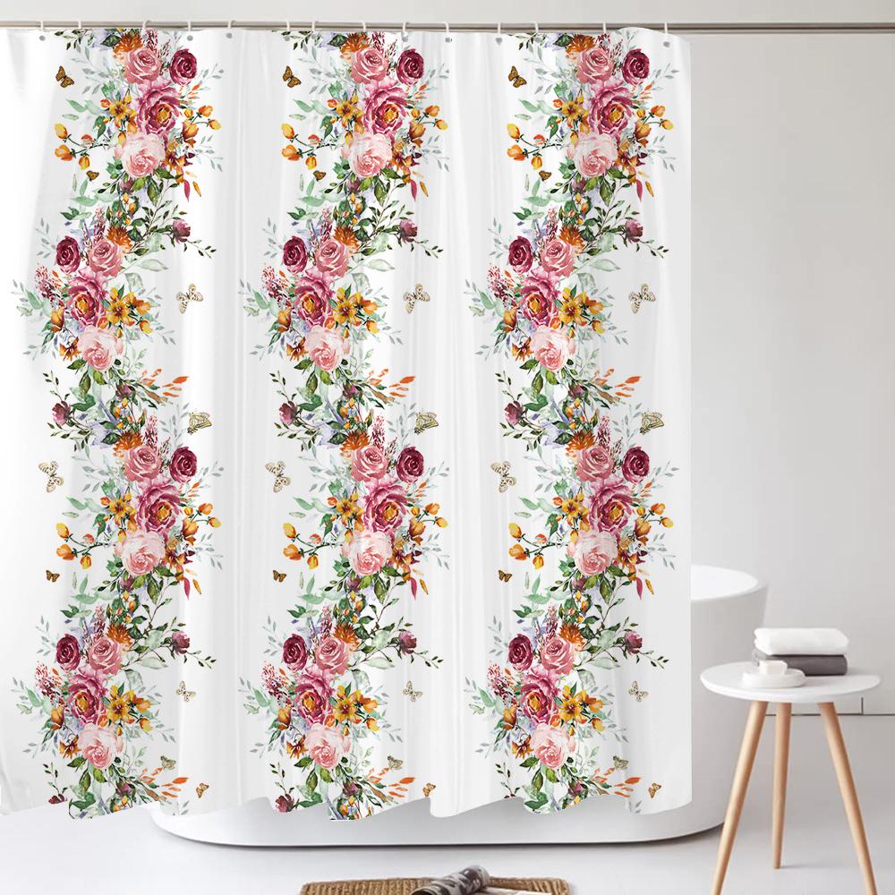 Chinese Flower Bird Shower Curtains Set Printing Waterproof Polyester Leaves Shower Curtains Bathroom Home Decor Mat 180X200Cm