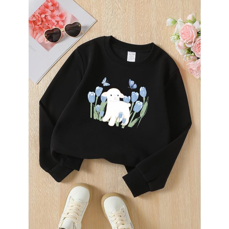 Kids Crewneck Sweatshirt, Cute Lamb Blue Tulips Butterfly Creative Print,Daily Casual Top for Spring & Autumn