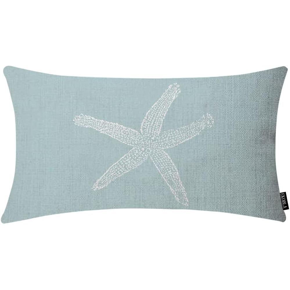 EKOBLA Green Starfish Sea Star Vintage Pastel Sea Foam Blue Fish Decorative Pillow Case Throw Pillow Covers Waist Lumbar Cotton Linen Throw Pillow