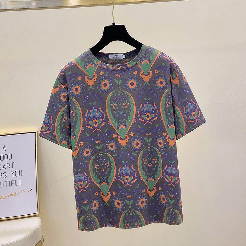 Large Size Cotton Short-sleeved T-shirt Women's Summer Clothes Korean Version of The Loose and Thin All-match Printed Round Neck T-shirt Women