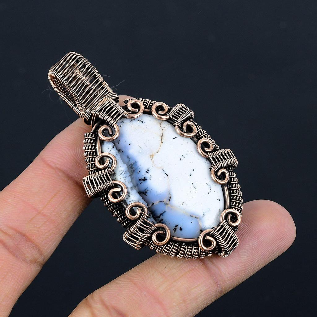 Dendrite Opal 999 Copper Wire Wrapped Pendant, Handmade Gemstone Jewelry Pendant Gift For Birthday
