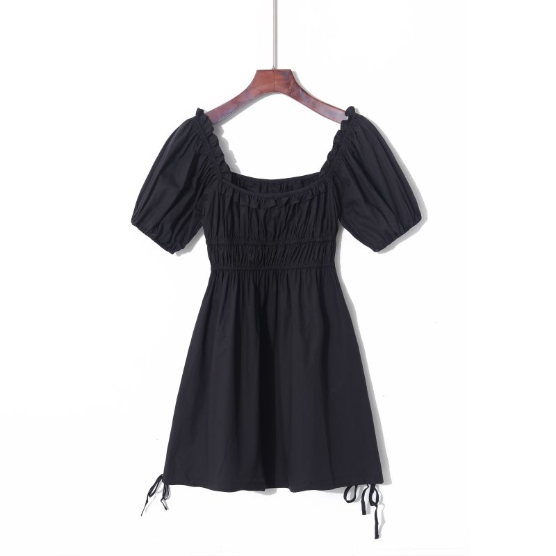 

Summer Pure Cotton off-Neck Pocket Short Sleeve Dress Black S