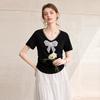 Women's Beaded Bowknot V-Neck Short Sleeve Slim Fit T-Shirt
