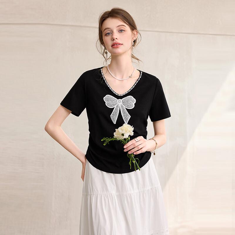 Women's Beaded Bowknot V-Neck Short Sleeve Slim Fit T-Shirt