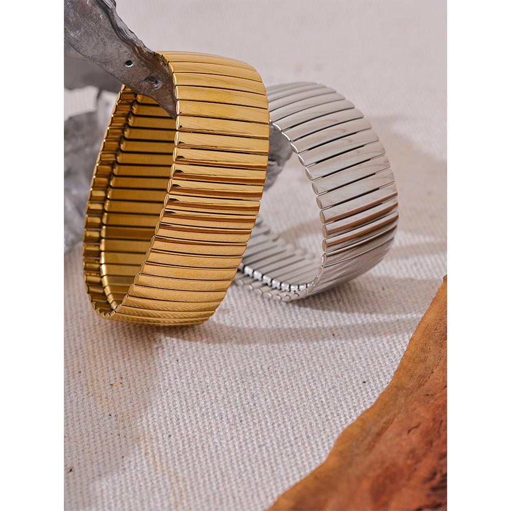 Yhpup Elastic 316L Stainless Steel Metal Wide Big Statement Bracelet Bangle Rust Proof 18K Gold Plated Hyperbole Unisex Jewelry