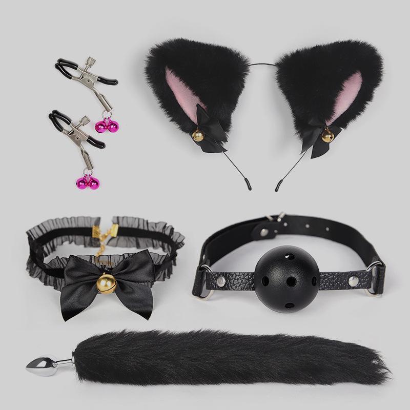 Bondage Katzenanzug mit Schwanz Analplug, Halsband & Knebel