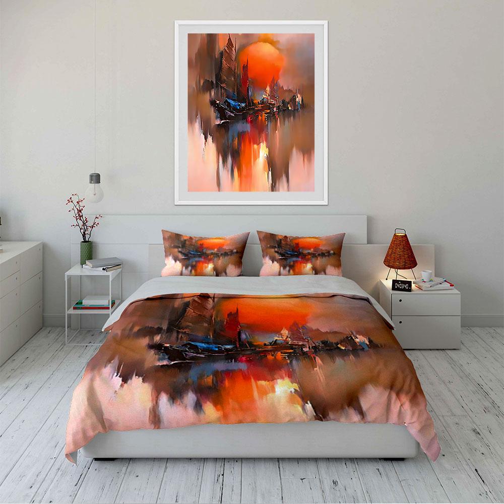 Sunset Sailboat Abstract Art Bedding Duvet Cover Set Duvet Cover Pillowcases  (1*Duvet Cover 2*Pillowcases, Without Duvet Insert)