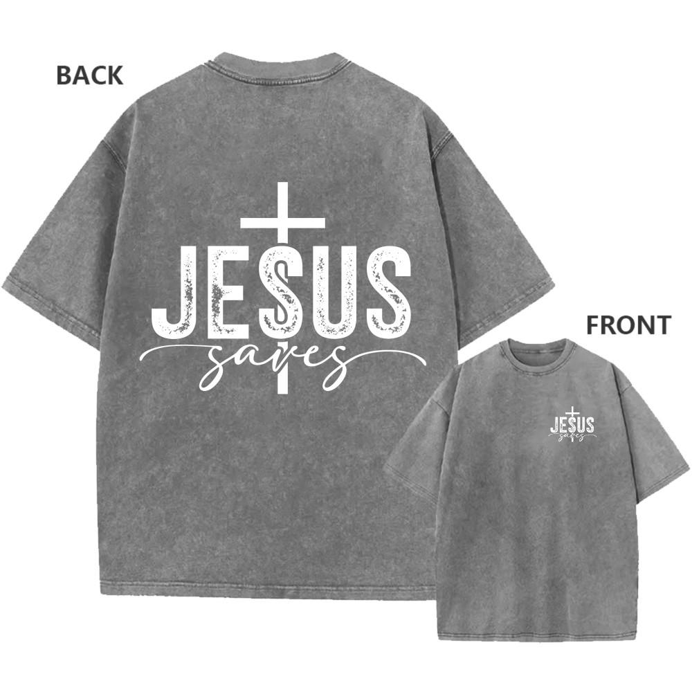 Mens Vintage Oversized Washed TShirt Cotton Jesus Saves Faith Cross Casual Tee XL