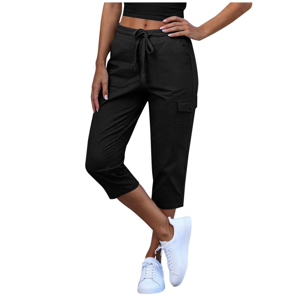 Women Elastic High Waist 3/4 Pant Casual Fit Wide Capris Leg Pants Trousers With Pockets