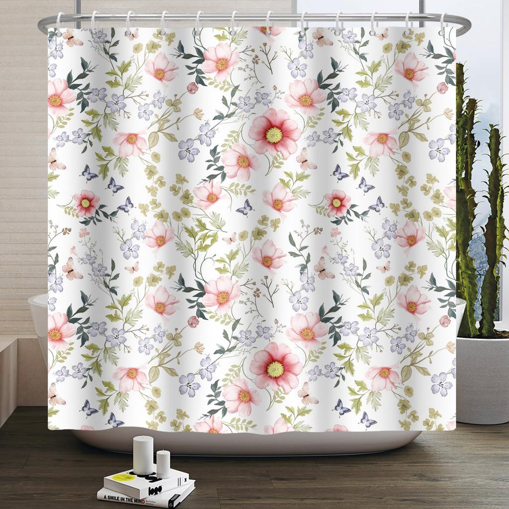 Fresh Flowers Print Shower Curtain Small Floral Home Bathroom Decoration Bath Curtains Waterproof Polyester Fabric With 12 Hooks