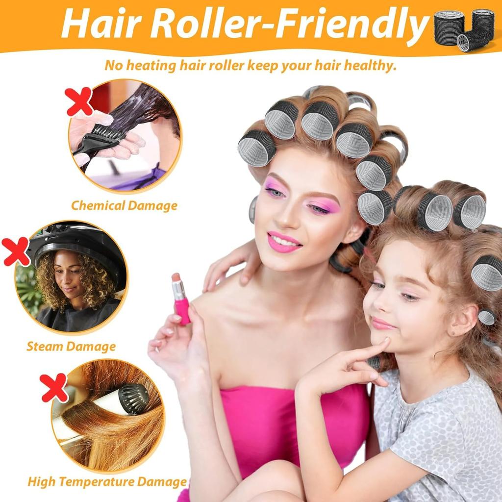 39PCS Self Grip Hair Rollers Curlers 3 Sizes Black Hair Roller 2.5in, 1.9in, 1.4in, Jumbo Hair Roller with 12PCS Duckbill Clips Hair Rollers for Long